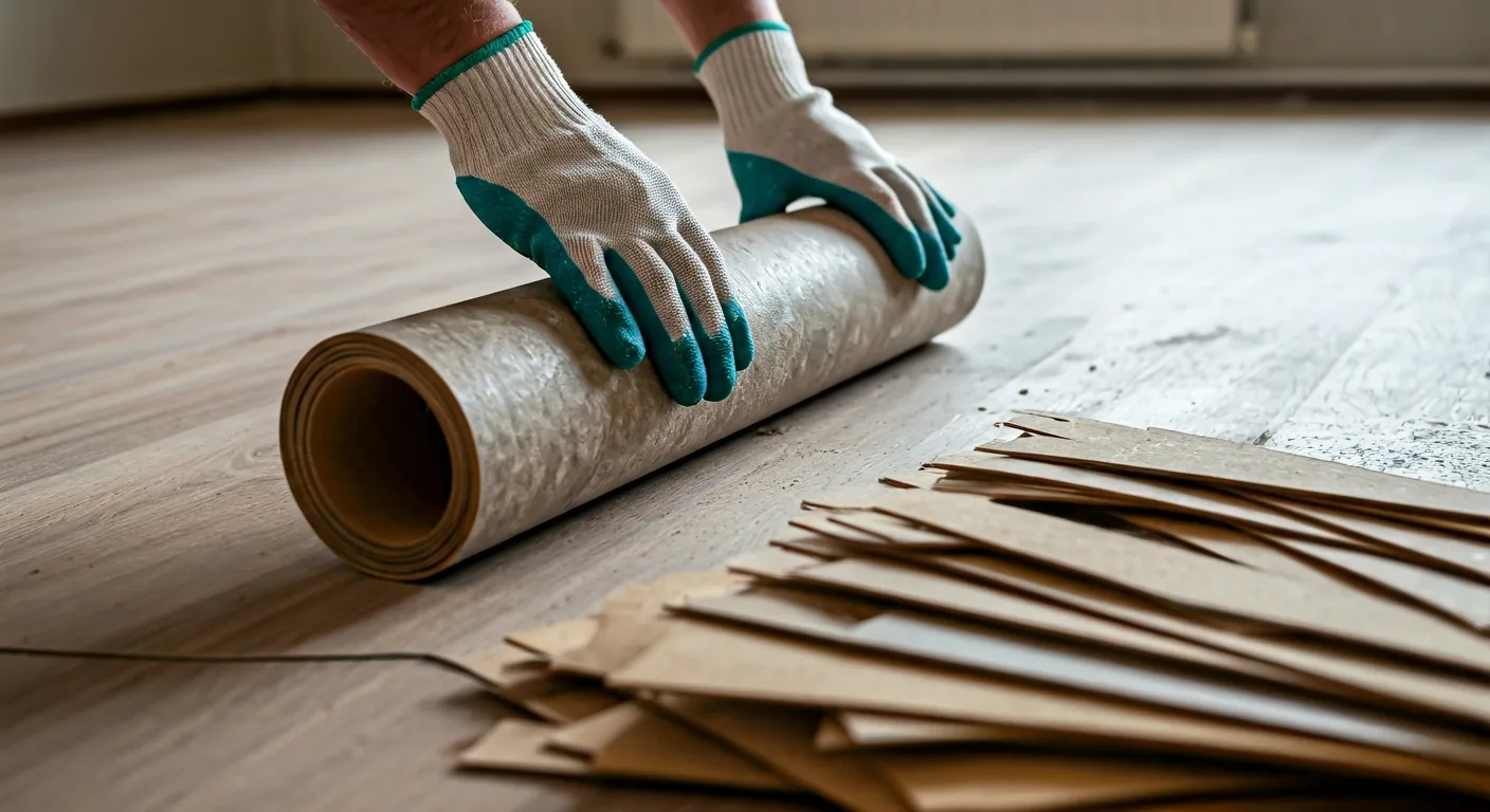 Osoba v rukavicích roluje staré linoleum během rekonstrukce podlahy