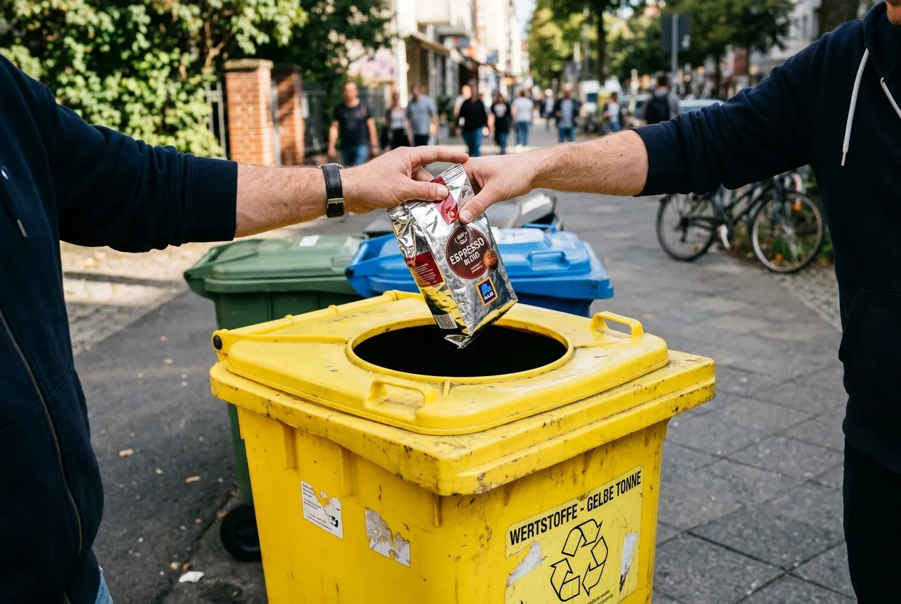 Vyhazování kompozitního obalu do žlutého kontejneru na plasty