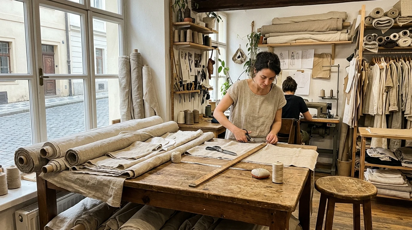 Atelier udrzitelne mody v Cesku a prirodni latky (Obrázek vygenerovaný umělou inteligencí)